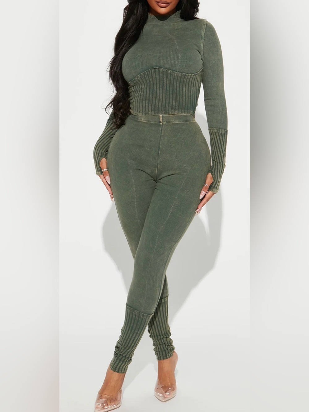 Size Large Olive High-Rise Ribbed Seam Leggings and Crop Top Set